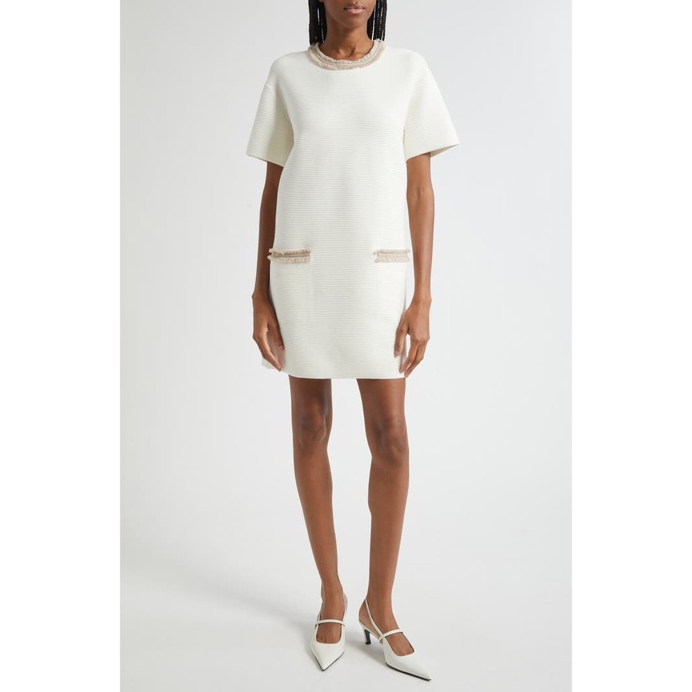 Emporio Armani White Ribbed Knit Fringe‎ Trim Mini Dress EW001237 AF18159 IT 44